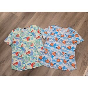 Disney Pixar The Little Mermaid Finding Nemo Women's Medium Scrub Top Bundle